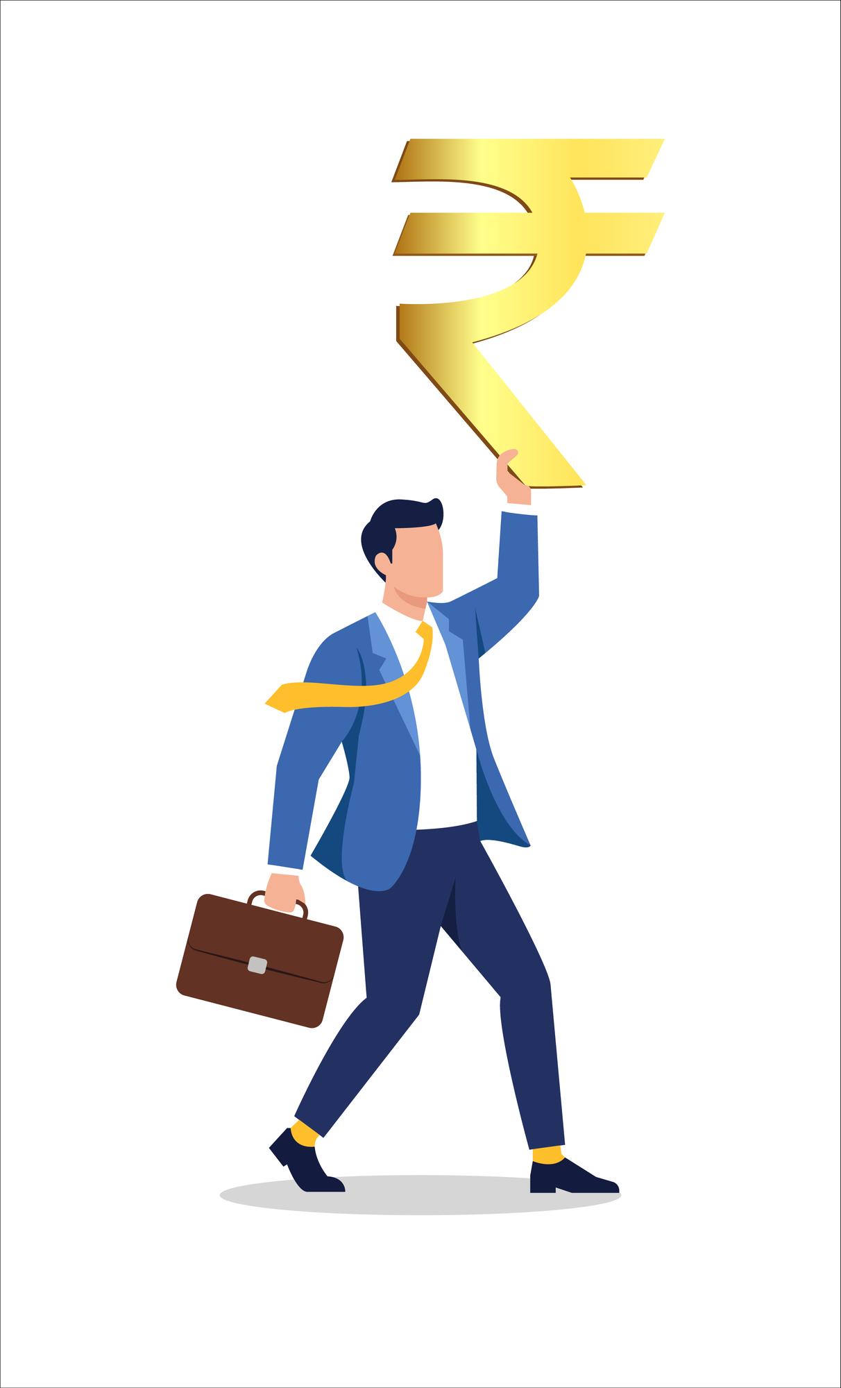 cheerful-man-lifting-large-golden-indian-rupee-symbol-while-walking_